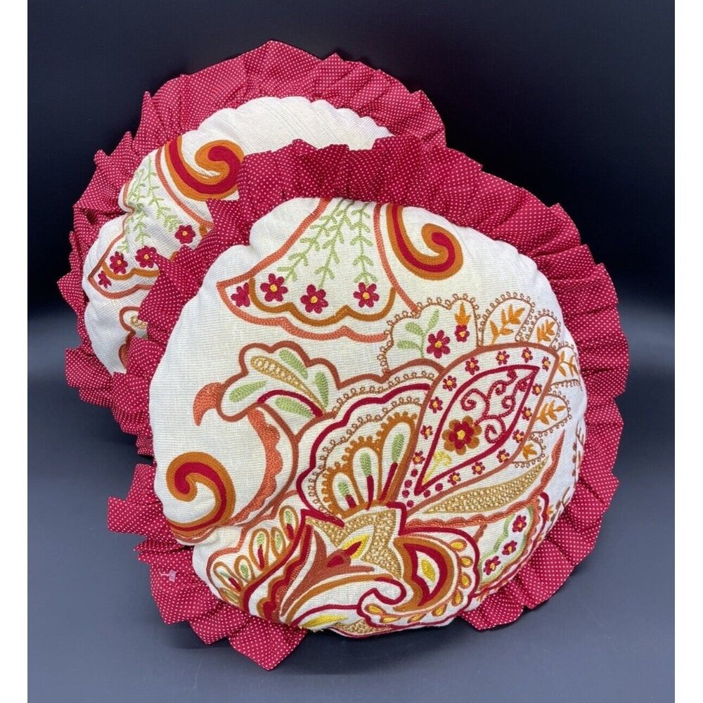 Pier 1 Throw Pillows Round Decorative Red Gold Polka Dot Pair 13 Inch Paisley